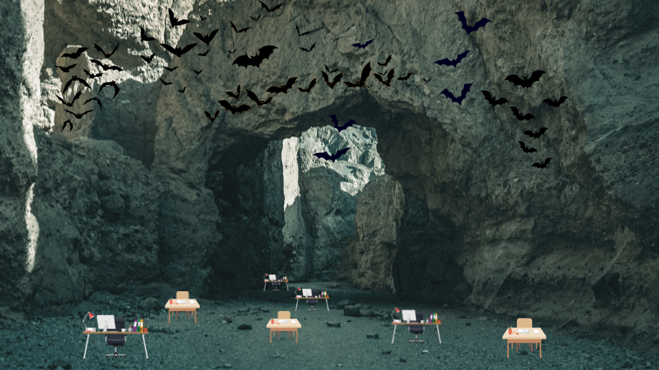 Coffee Creamer Round Two Test Group B.png A large cave with many writing desks at a distance from each other and many bats flying around.