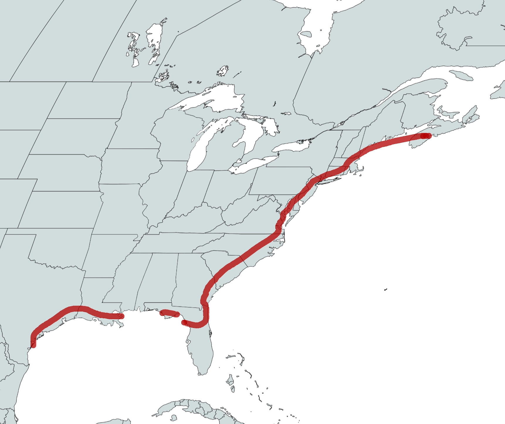 A black and white map of the Eastern United States and Canada, with a red line separating most of the coastline
