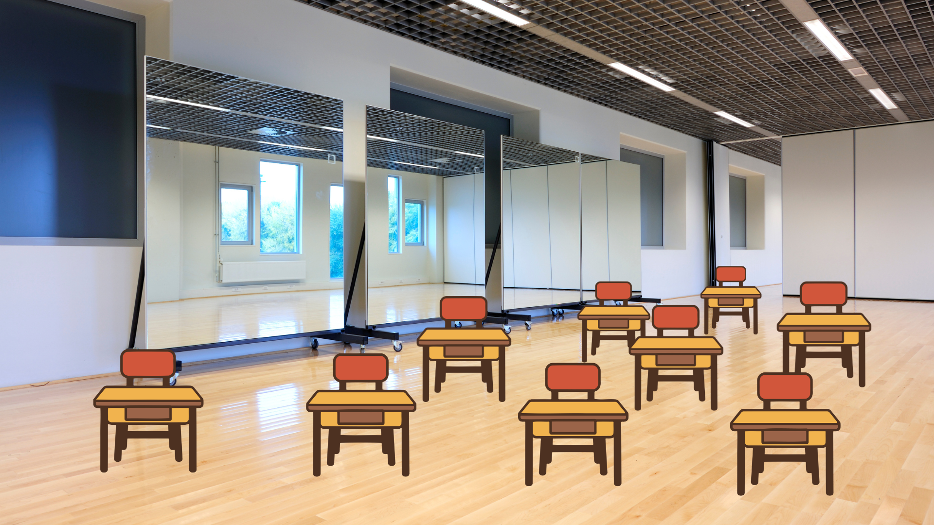 Coffee Creamer Round 3 Group C A brightly lit room with a wall of mirrors with desks filling the open space in the room.