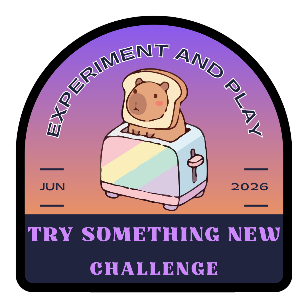 The try something new badge. A capybara with toast around it's face popping out of a rainbow toaster. 