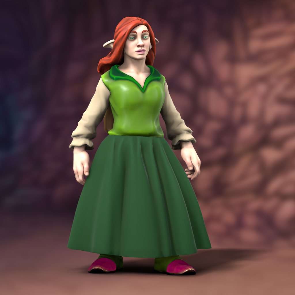 Rowean NMSAnon-Portrait.png An elven woman with red hair in a green skirt and blouse and pink slippers - the blouse seems to be made from a leaf