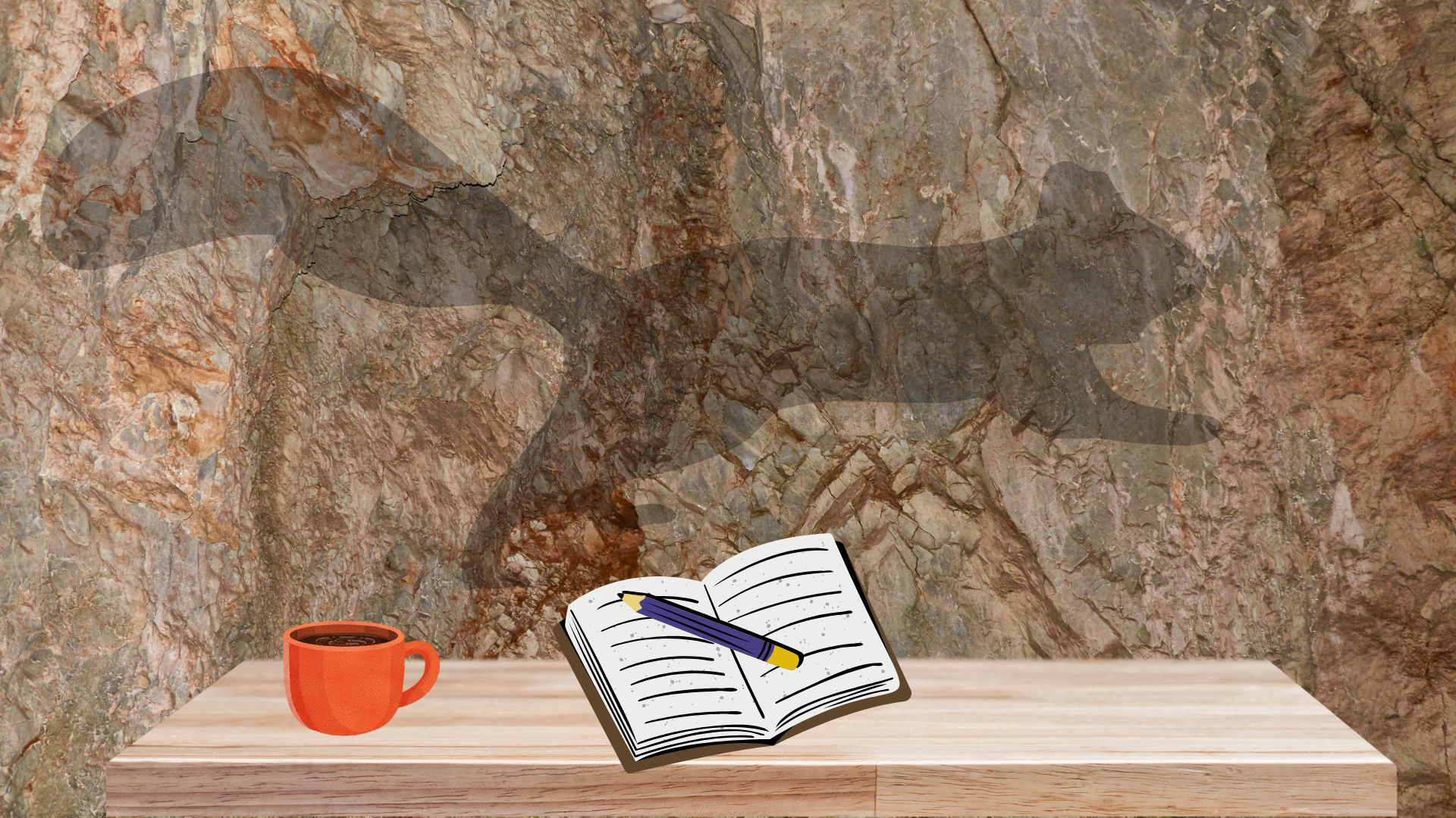 Coffee Creamer Afternoon Round Two C and D A shelf on a cave wall with a cup of coffee and and notebook and pencil. The shadow of a squirrel is visible on the wall.