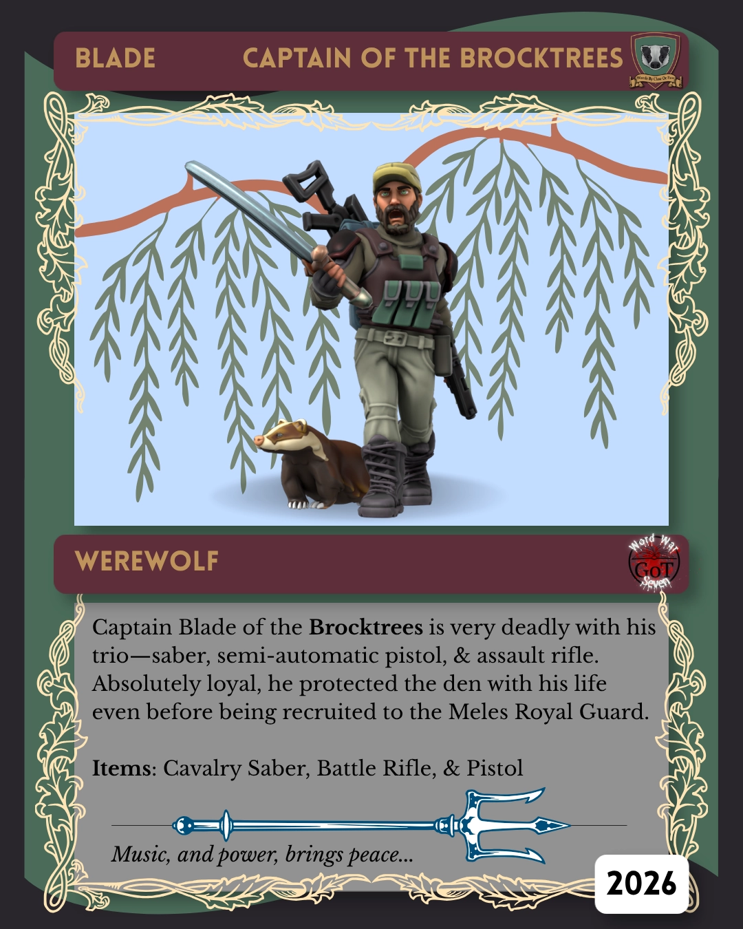 Collector card of Captain Blade of the Brocktrees and his badger scout, Stalker,