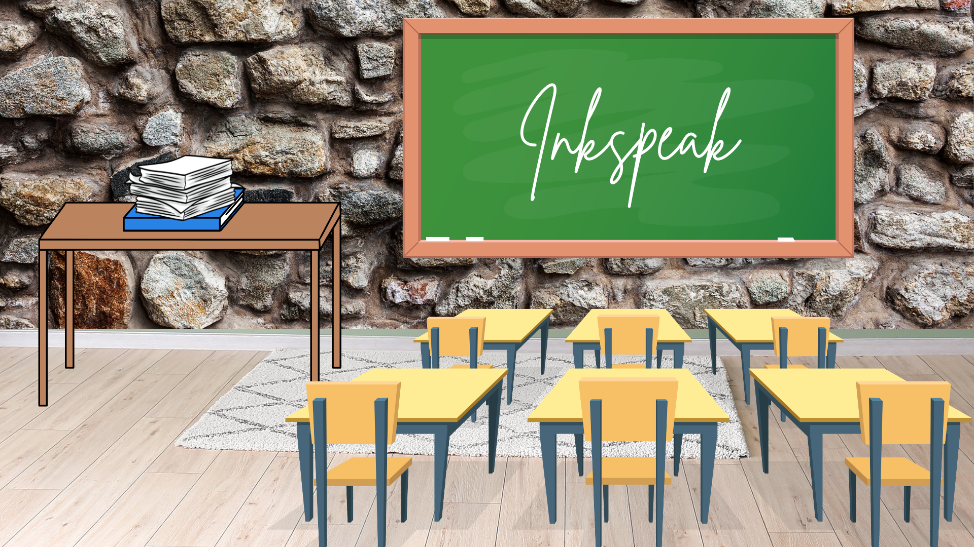 Coffee Creamer Morning Round 3 Group A and B A group of desks in front of a stone wall with a blackboard with 'Inkspeak' written on it.