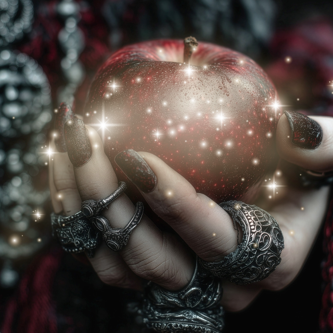A closeup of a woman's hand, with multiple rings, holding a sparkling apple