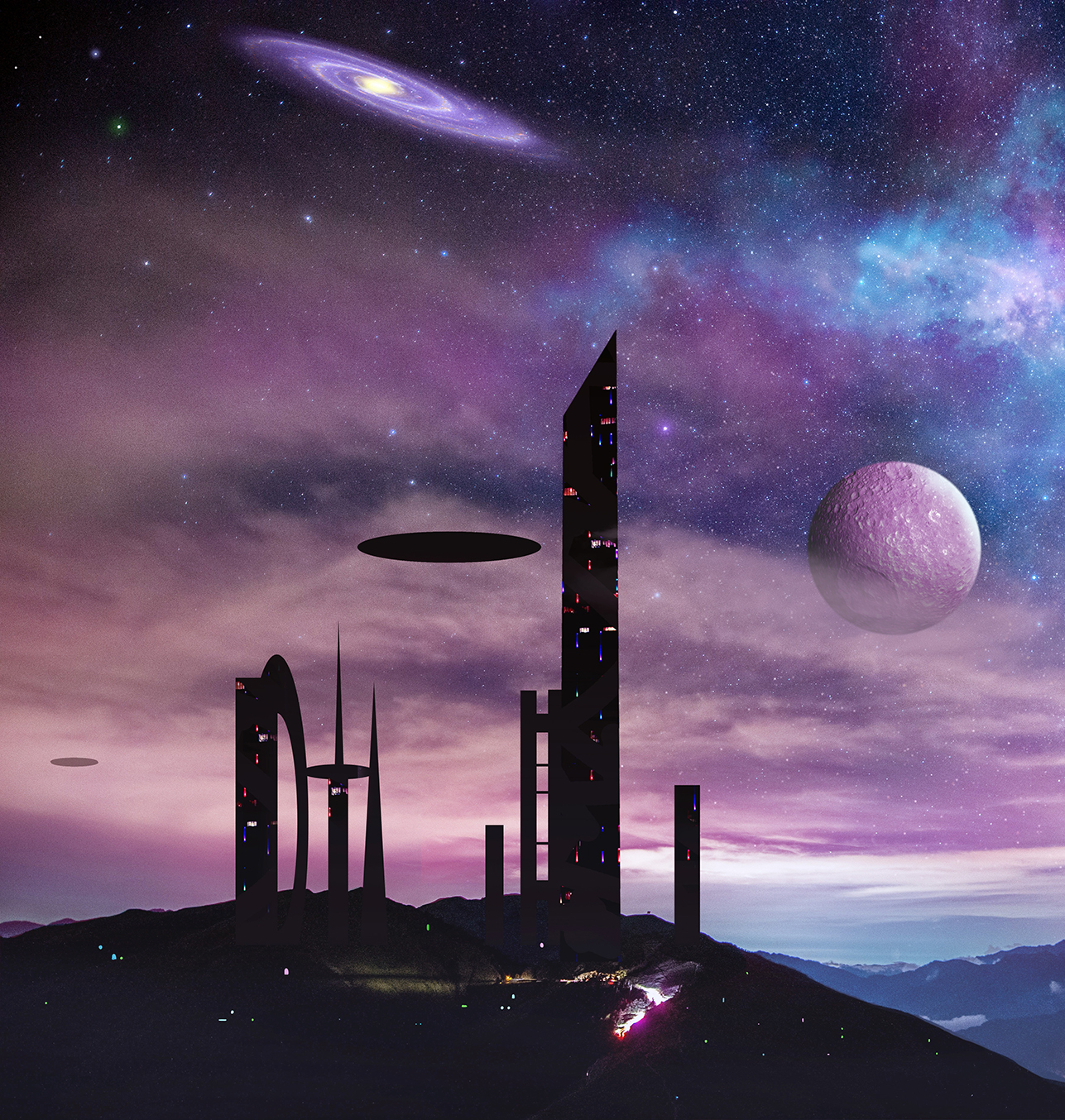 spacetower.jpg A futuristic space tower building in silhouette and lights, with an odd black disk floating above, against a spacescape