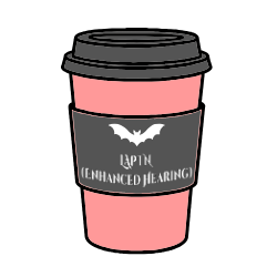 Coffee cup in gray and pink with white bat and writing saying 