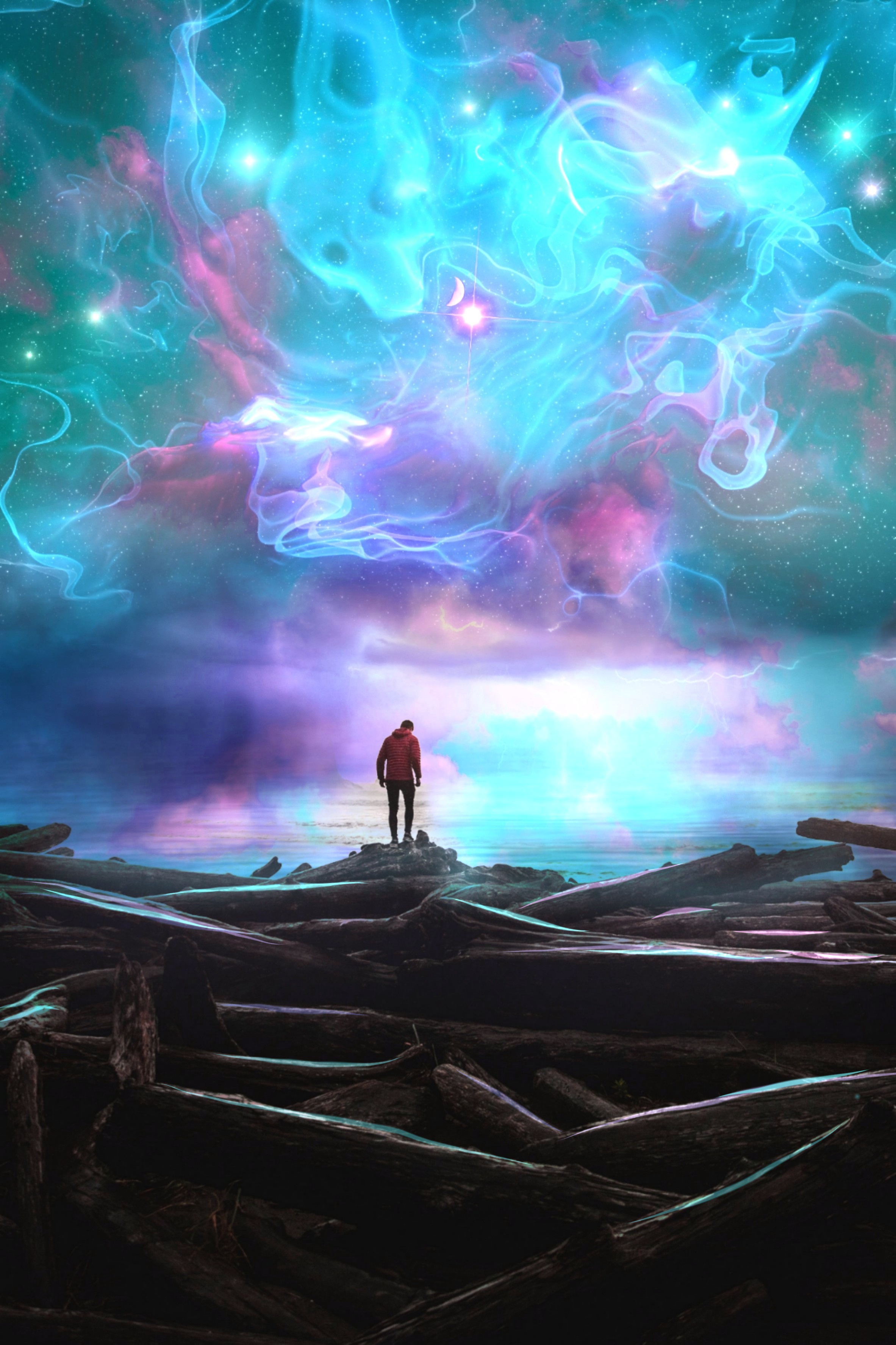 sky lake.jpg A man on the edge of a lake, with a spectacular nebula overhead, and ancient logs on the shore behind him