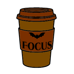 Orange and brown coffee cup with black bat and writing saying 
