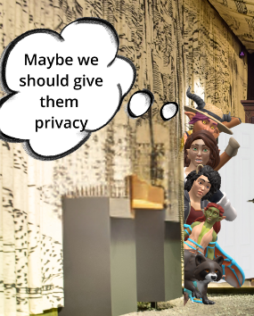 A screenshot of several fae and humans, and a racoon, hiding behind a corner. Thought bubble text: 