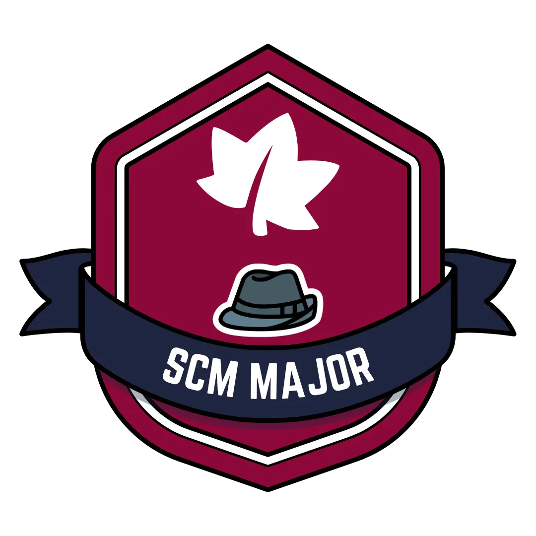 Red badge with fedora, gold star, white leaf, and blue ribbon that says SCM Major.