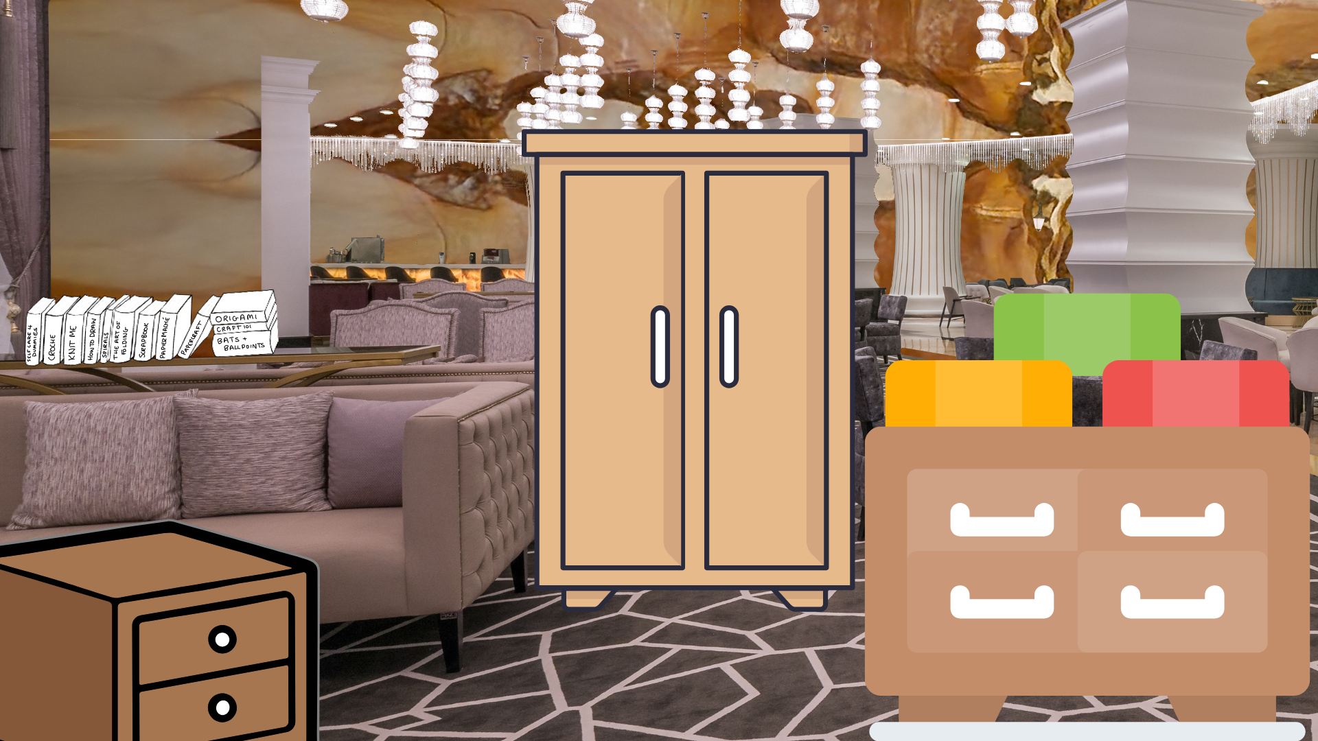 Coffee Creamer Afternoon Round Two C and D A furnished cavern with much comfortable seating and crafting supplies. Three large cabinets dominate the forground.