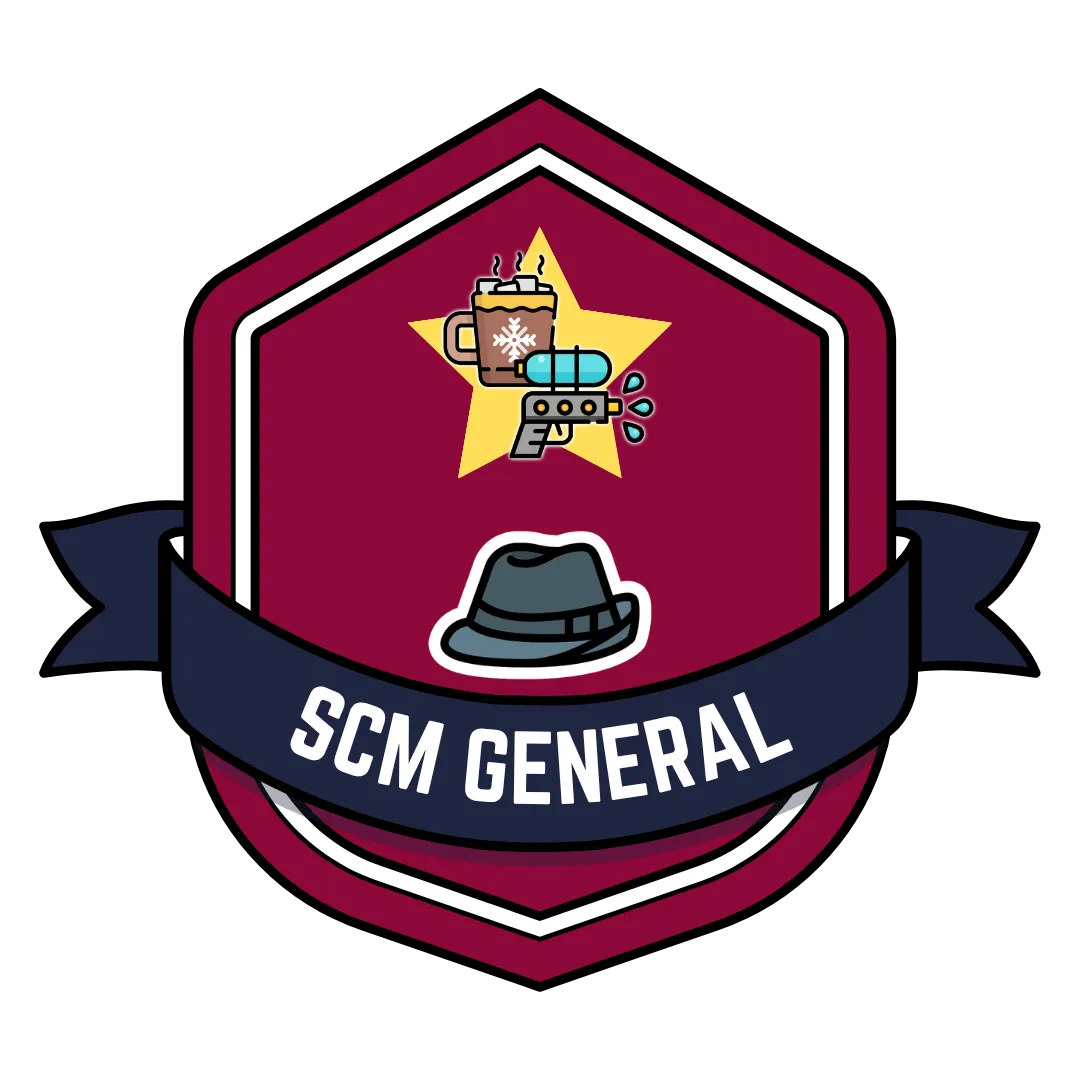 Red badge with fedora, gold star, SCM logo, and blue ribbon that says SCM General.