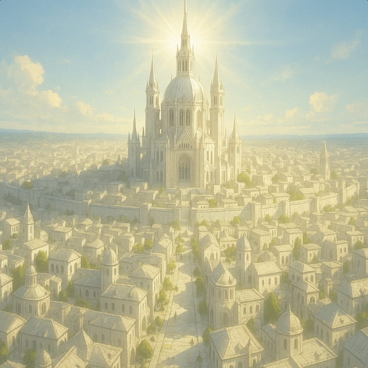 City made of white stone, circling around a large white citadel