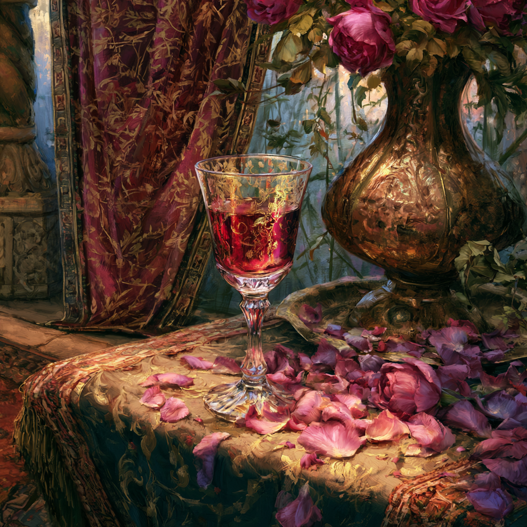 A crystal glass of rose colored liquid on a table surrounded by rose petals
