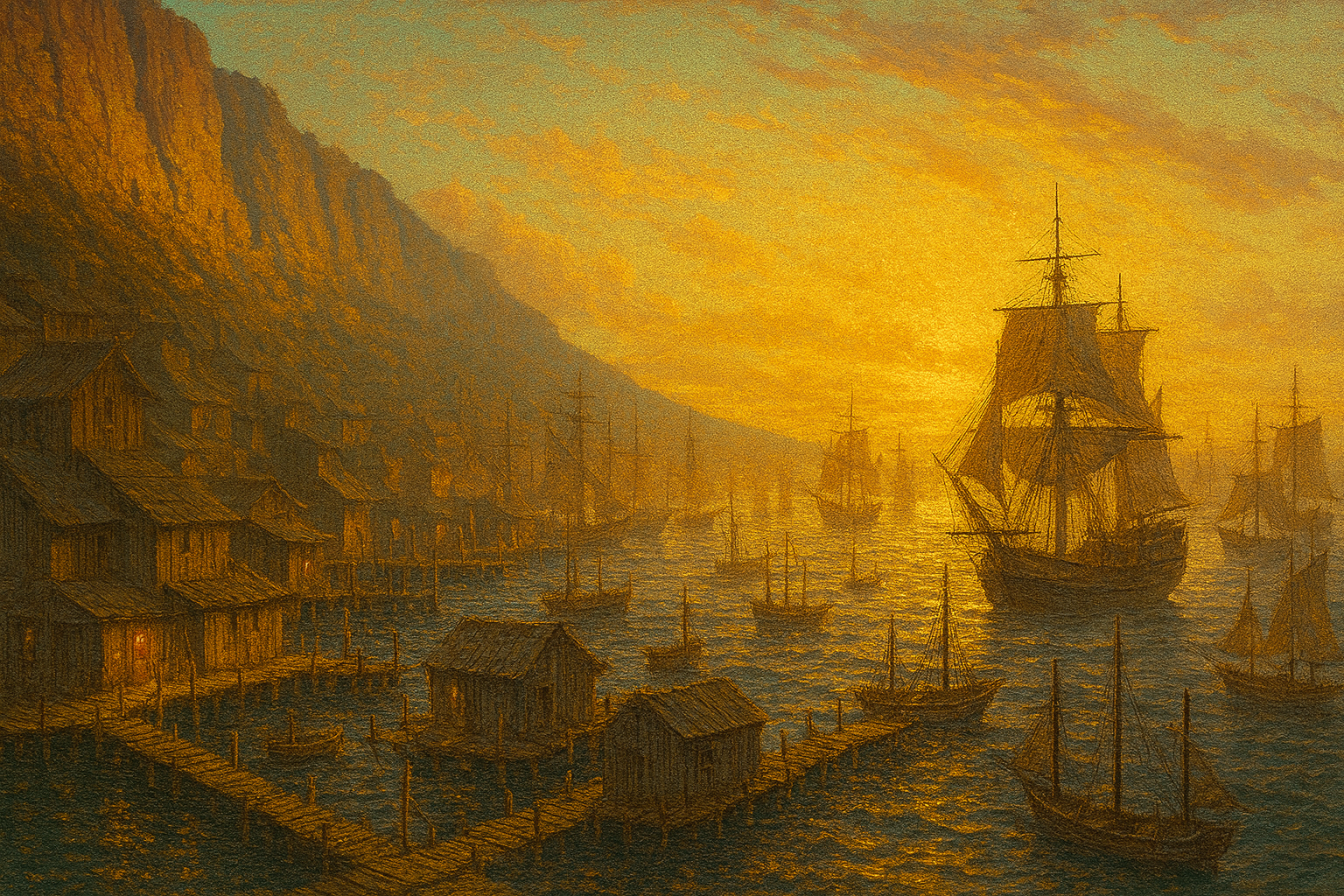 Dockside at Sunset - Oil on Canvas, Artist Unknown.png