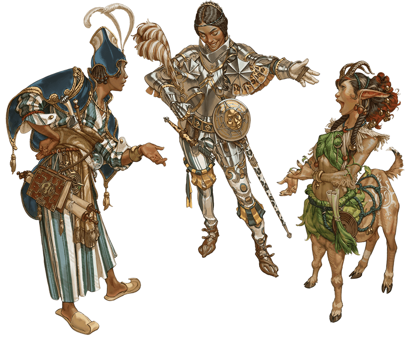 Wizard, paladin, and druid incarnations of the same glitch character share a distinctive sunburst nexus feature