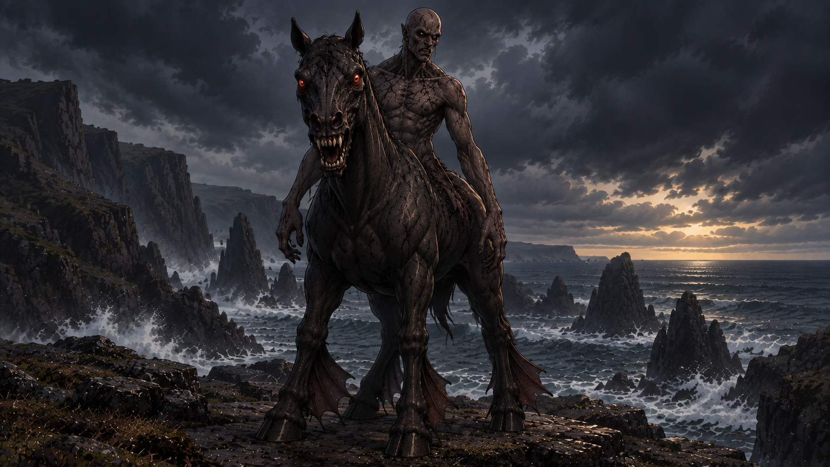 Skinless horse-human Nuckelavee standing on a rocky shoreline with the sea behind it.