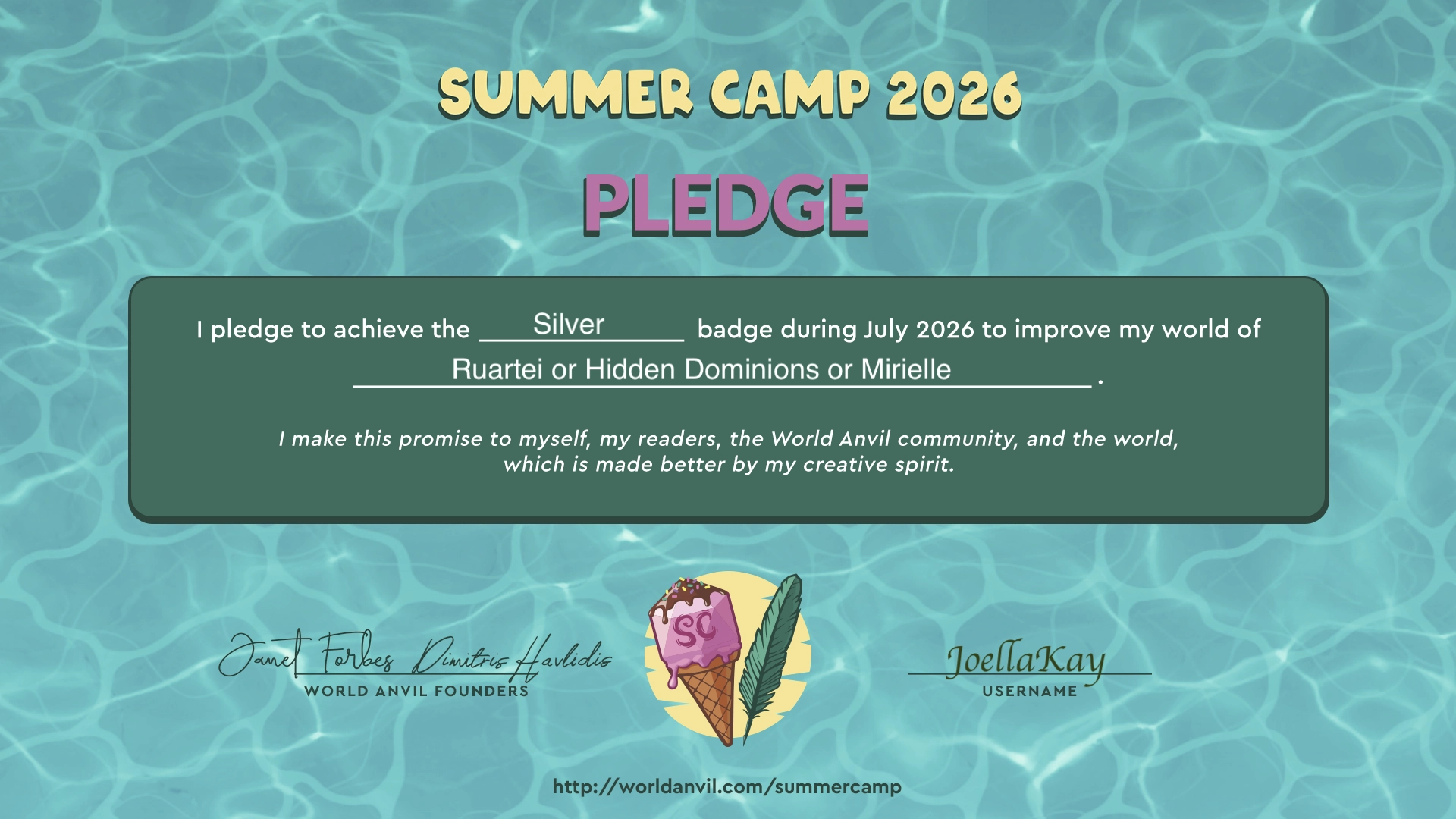 Summer Camp 2026 Pledge for JoellaKay showing pledge of Silver on the worlds of Ruartei or Hidden Dominions or Mirelle