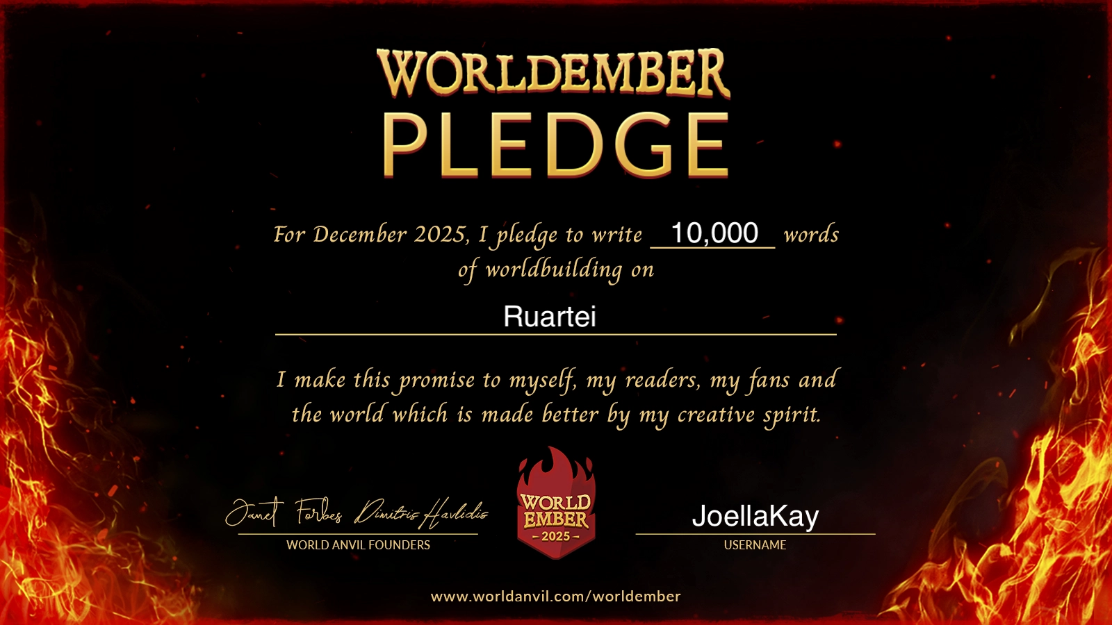 WorldEmber 2025 Pledge for JoellaKay showing pledge of 10,000 words on the world of Ruartei